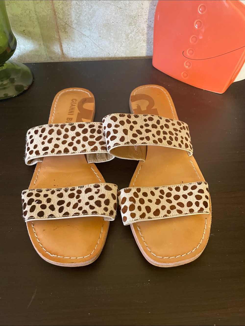 Gianni Bini Leopard Spot Double-Strap Slides - Brown & White size 7.5